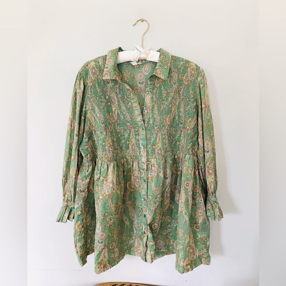 Cato | sage green paisley peasant blouse | size 22